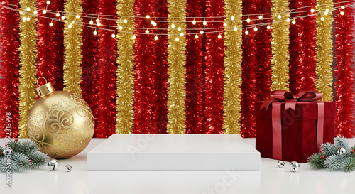 Christmas display podium with gold ornament and red gift box