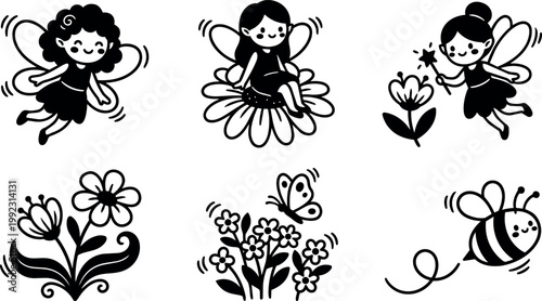 Fairies flying and sitting on flowers with bees and butterflies