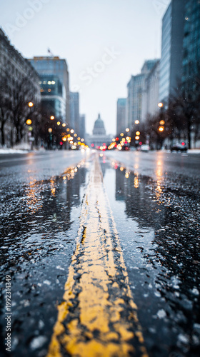 perspective down a silent city road with reflections on wet pavement, no pedestrians or vehicles