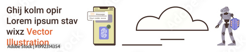 Digital communication, cloud storage, AI advancements, mobile apps, virtual interaction, online technology. A phone with messaging, a cloud icon and a robot. Communication and cloud storage concept