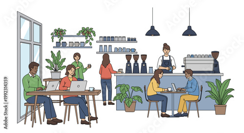 Vibrant cafe interior showing people working on laptops and socializing while a barista serves coffee in a modern coffee shop.