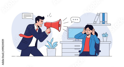 Workplace conflict illustration showing an angry boss shouting through a megaphone at a stressed and overwhelmed female employee.