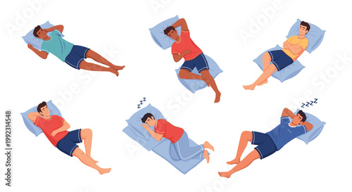 Set of various sleeping positions showing a male character resting in different postures on a bed with a blue pillow and sheets.