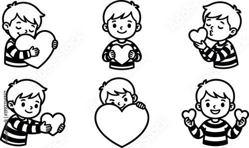 Black and white line art boy holding and kissing hearts set