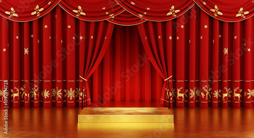 Gold podium on red christmas curtain stage background