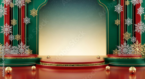 Christmas podium display with snowflakes and red and green background