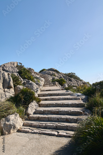 Scenic stone stairway carved into the rocky terrain of the Formentor peninsula surrounded by native Mediterranean shrubs and coastal vegetation.