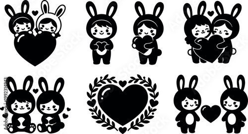 Black and white bunny couple holding heart shapes vector art set