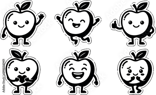 Black and white cute apple characters with happy and playful expressions vector art