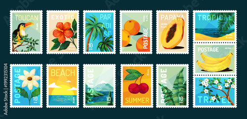 Collection of tropical travel postage stamps in flat retro illustration style. Toucan, hibiscus, palm, papaya and beach scenes on teal background. Perfect for travel, packaging, summer branding projec