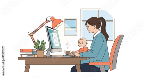 Working mother sits at her home office desk using a computer while holding a baby on her lap in a bright room.