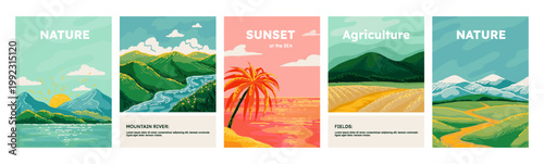 Set of five nature landscape posters in flat painterly illustration style. Mountain, river, sunset palm and wheat field scenes. Perfect for travel, eco branding and wall art projects.