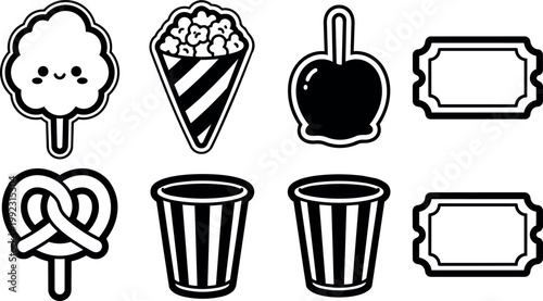 Black and white cute carnival snacks cotton candy popcorn caramel apple pretzel tickets vector art