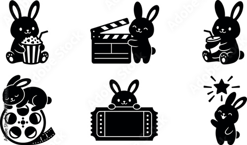 Black silhouette bunny holding popcorn film clapper ticket and drink illustrations
