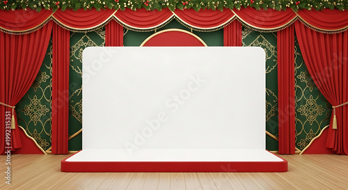 Christmas stage backdrop with red curtains and empty white display panel