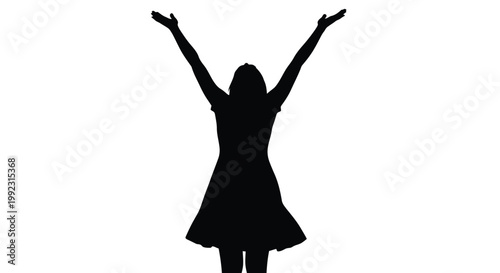 Silhouette of a woman with arms raised in celebration on a white background