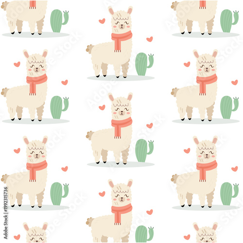 Cute llama seamless pattern with scarf and cactus. Vector nursery background with repeating alpaca characters, hearts and succulents for kids textile, wallpaper and baby shower design.