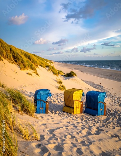 Vibrant Blue And Yellow Traditional Wicker Beach Chairs On A Sandy Dune Overlooking The Coastal Sea At Sunset With Marram Grass And Blue