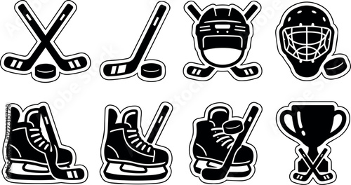Black and white flat design hockey sticks skates puck helmet and trophy icons