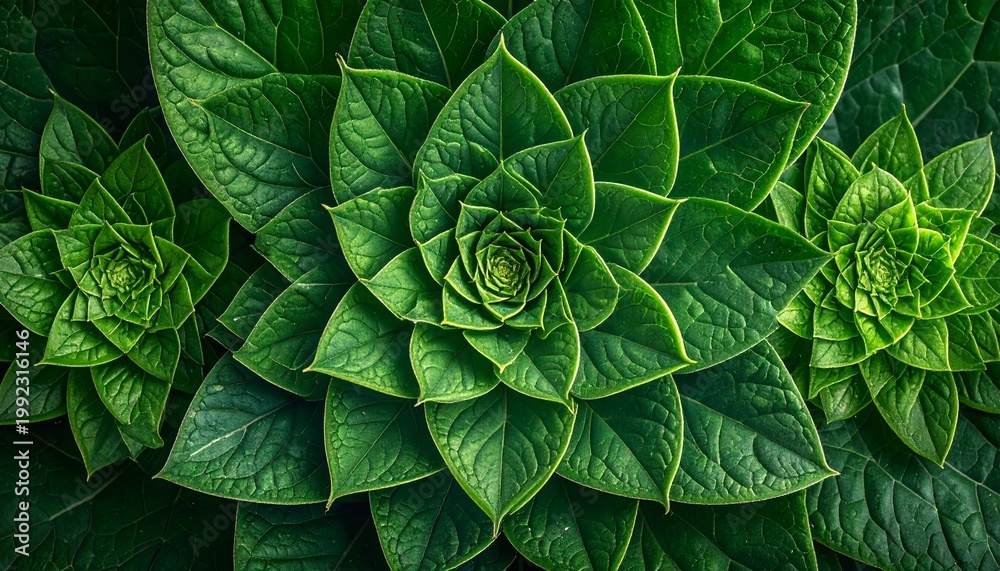 Fototapeta premium A stunning close up shot featuring a vibrant collection of symmetrical green leaves arranged in a beautiful natural geometric mandala pattern.