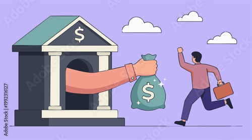 Man running happily with money from bank, symbolizing financial freedom