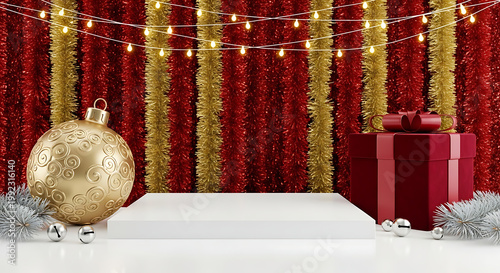 Christmas product display podium with gold ornament and red gift box