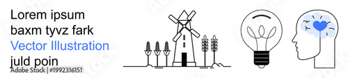 Renewable energy, sustainability, innovation, eco solutions, human mindset, eco-conscious living. A windmill farm, eco light bulb and human head with heart. Renewable energy and sustainability