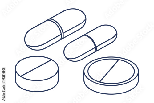 pill and capsule isometric medical line drawing healthcare illustration set
