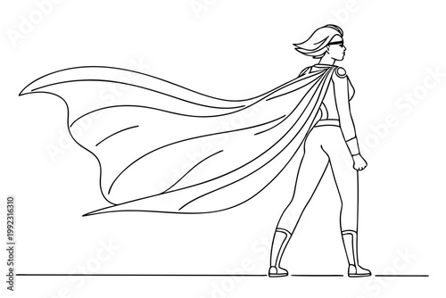 hero character with cape blowing in wind outline vector powerful stance