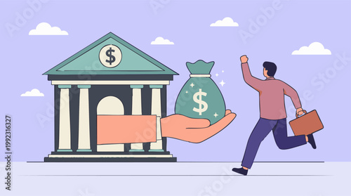 Man receiving money from bank, symbolizing financial success or a loan