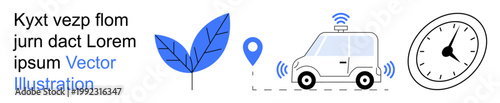 Sustainable transport, technology, time management, navigation, innovation, environmentalism. Wireless-enabled vehicle with a GPS pin, a leaf symbol and a clock. Sustainable transport and technology