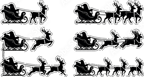 Black and white santa sleigh with reindeer team holiday silhouettes vector art