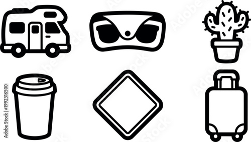 Black line art travel icons camper van sunglasses cactus coffee cup road sign luggage