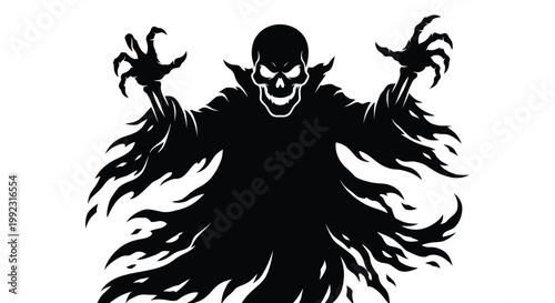 A black silhouette of a menacing skull with outstretched clawed hands