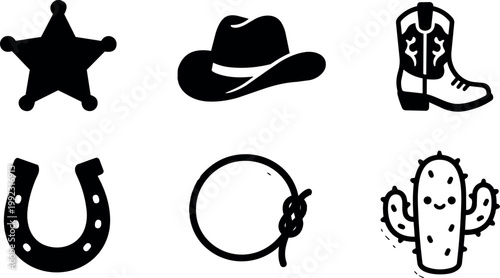 Black silhouette icons of sheriff star cowboy hat boot horseshoe lasso and cactus