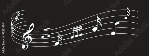 Music notes wave set. Spiral and wavy musical staff lines with melody clefs clefs notes. Musical decoration for cover, poster, banner
