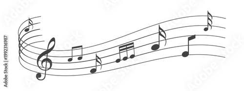 Music notes wave set. Spiral and wavy musical staff lines with melody clefs clefs notes. Musical decoration for cover, poster, banner