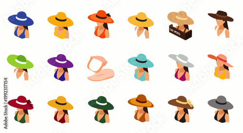 Collection of diverse summer hats and swimsuits for women, isometric illustration, beach fashion and vacation style