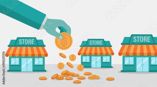 Business investment concept with hand dropping money into stores