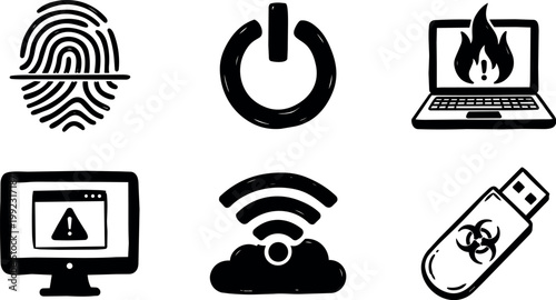 Black and white cybersecurity icons including fingerprint power laptop fire alert usb malware