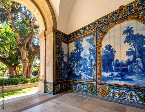 Traditional Portuguese Azulejos Blue Ceramic Tile Murals Inside Historical Arched Stone Gallery With View Of Sunlit Garden And Lush Trees