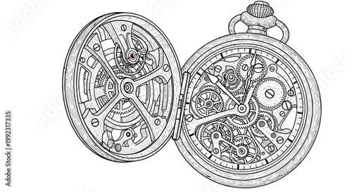 Detailed vintage pocket watch illustration featuring intricate exposed mechanical gears and clockwork components in a classic hand drawn sketch style design