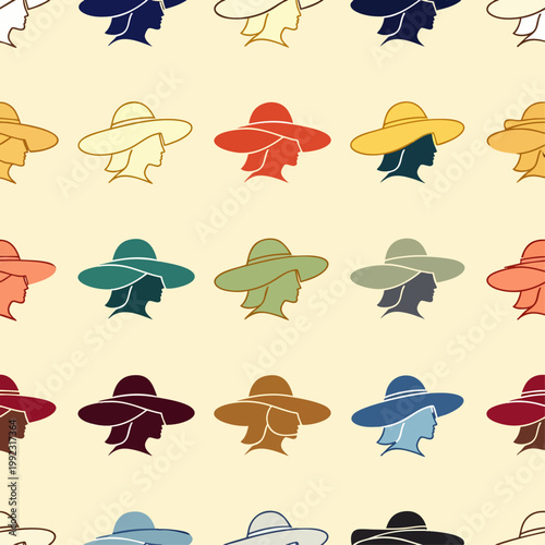 Seamless pattern of vintage women's hats silhouettes in various colors on a cream background, retro fashion