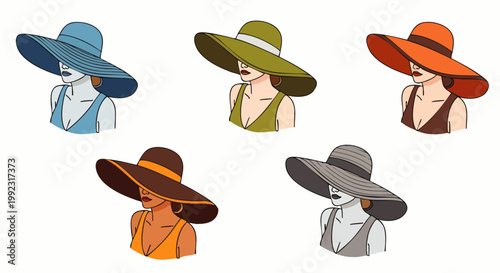 Collection of five different colored wide-brimmed sun hats worn by women, perfect for summer fashion and beachwear