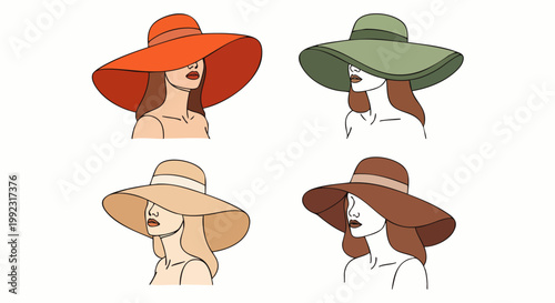 Four stylish women wearing wide-brimmed hats in different colors for sun protection and fashion