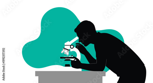 Silhouette of a male scientist looking through a modern laboratory microscope while conducting important medical research studies