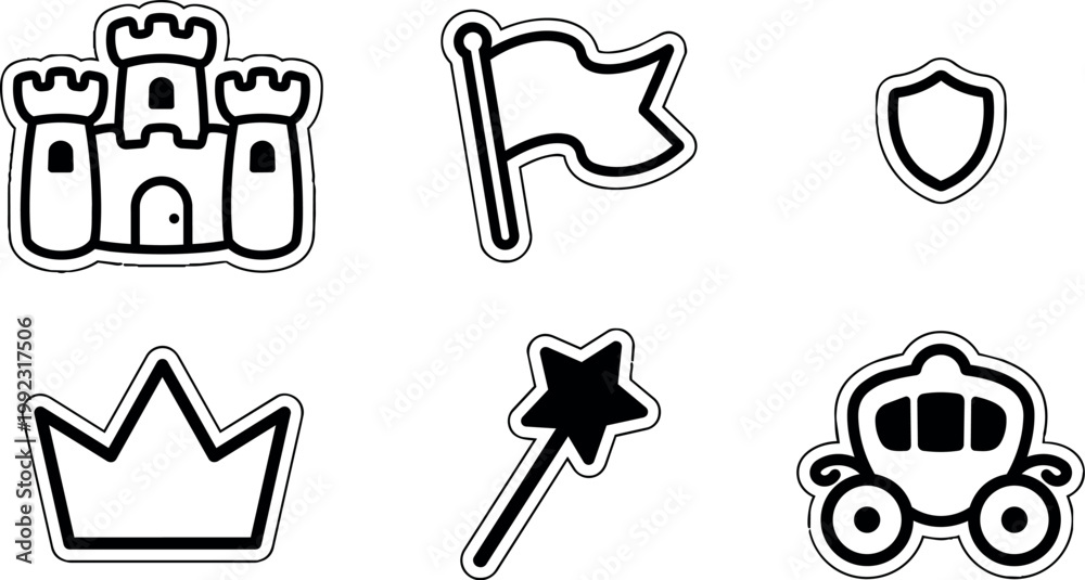 Naklejka premium Black and white castle crown shield flag magic wand and carriage vector icons