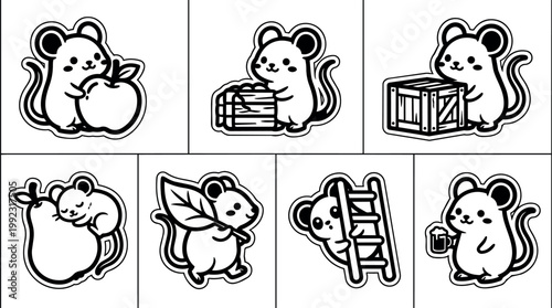 Cute black and white mouse holding apple box ladder and mug vector art
