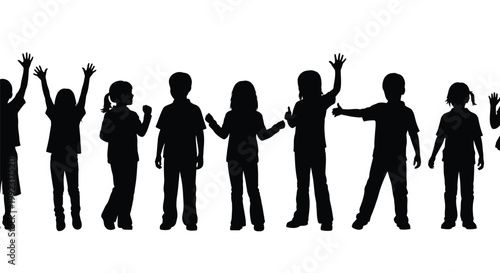 Diverse group of happy children silhouettes actively playing and waving together, symbolizing childhood joy and community.