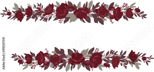 Red and green leafy garland border on white background with two rows of foliage